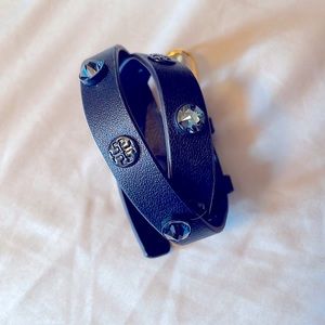 Tory Burch navy wrap bracelet with navy rhinestones.